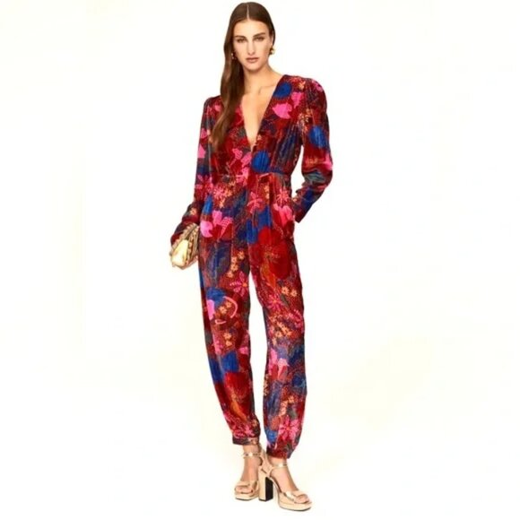 Farm Rio Red Wildlife Snake Garden Floral Velvet Jumpsuit Romper Vivid - Picture 1 of 15